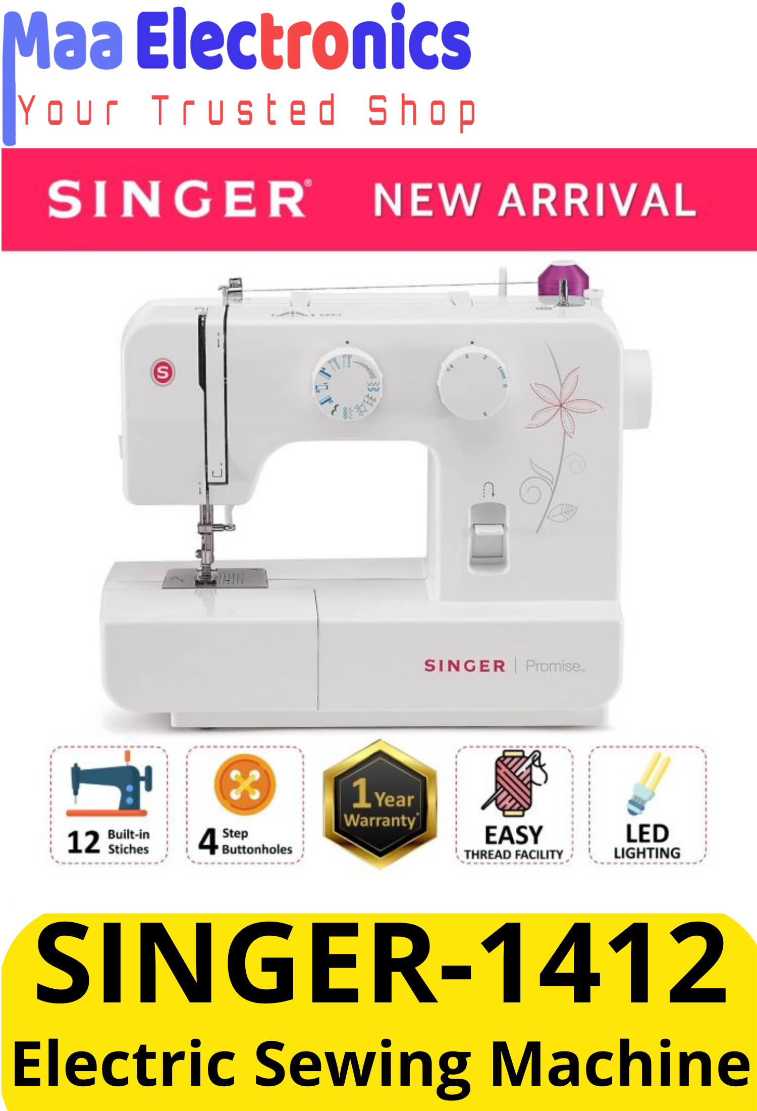 Render Bud Which one Singer Promise Electric Sewing Machine White - 1412 | Maa Electronics